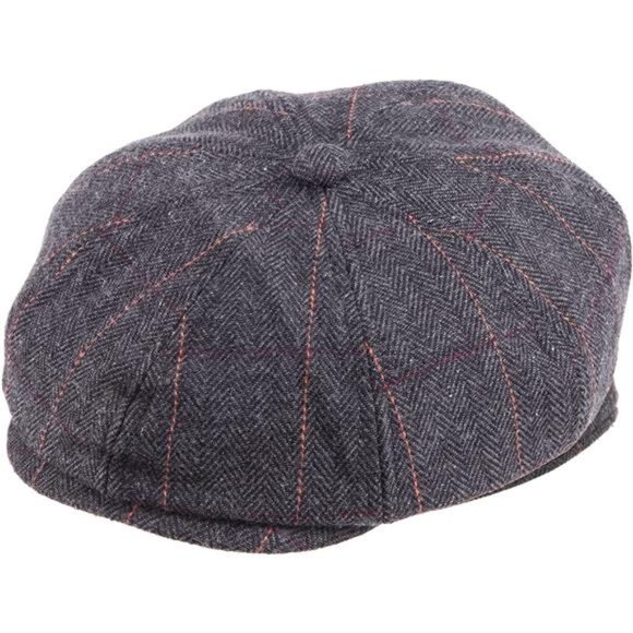 8 Panel Newsboy Hats for Men Herringbone Plaid Wool Blend Tweed Flat Cap - Picture 1 of 7